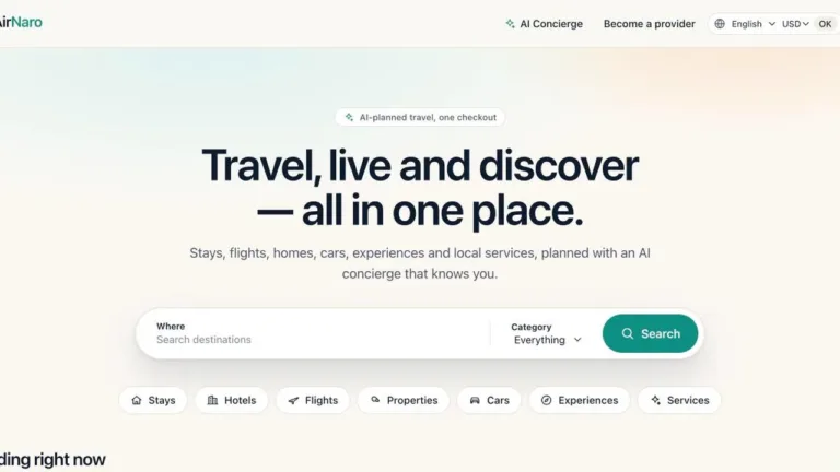 Screenshot of the AirNaro travel platform homepage