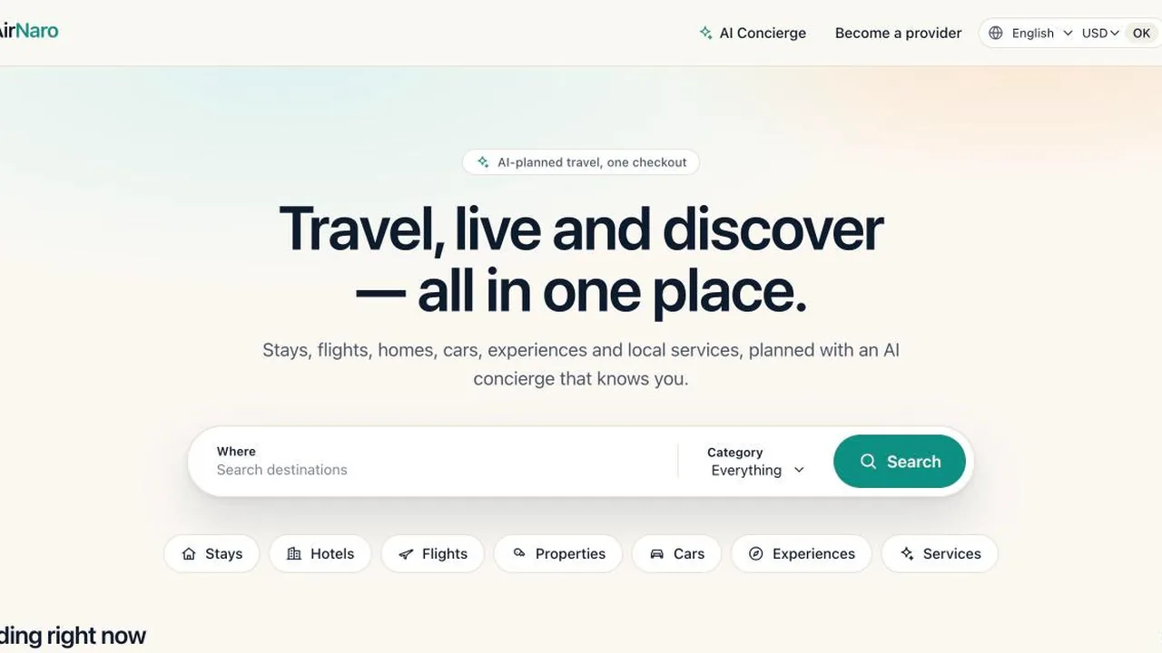 Screenshot of the AirNaro homepage