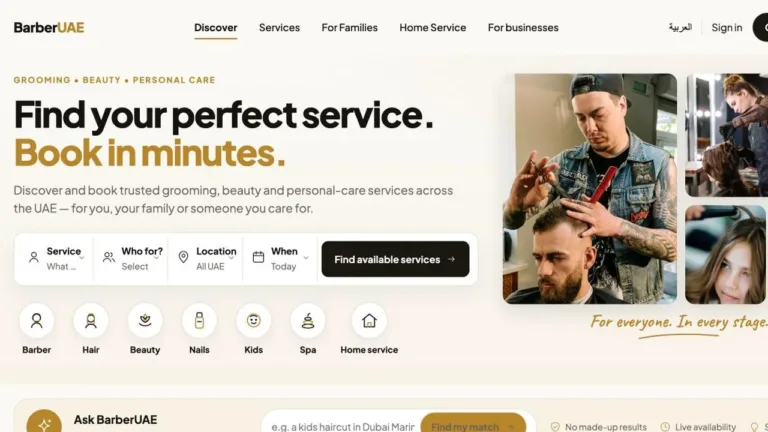 Screenshot of the BarberUAE grooming, beauty and personal-care booking homepage