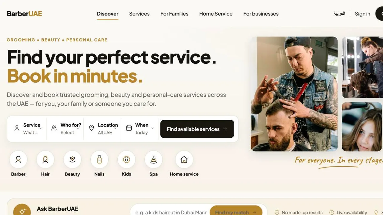 Screenshot of the BarberUAE homepage