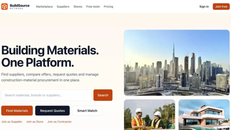 Screenshot of the BuildSource Network building-materials marketplace homepage