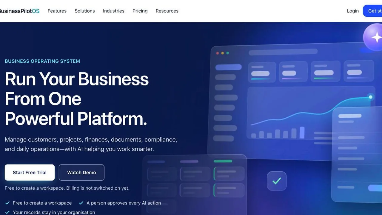 Screenshot of the BusinessPilotOS homepage
