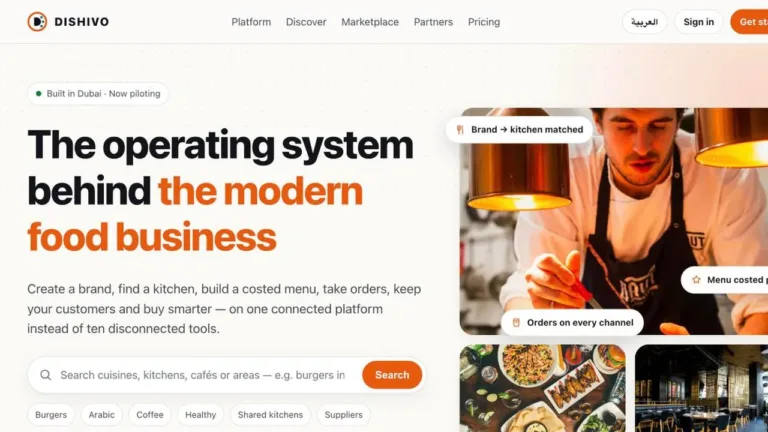 Screenshot of the DISHIVO food-business operating platform homepage