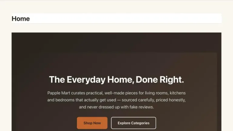 Screenshot of the Papple Mart online store homepage for curated home goods and everyday products