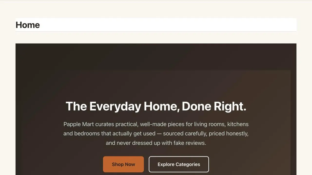 Screenshot of the Papple Mart online store homepage for curated home goods and everyday products