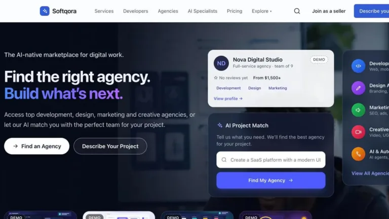 Screenshot of the Softqora AI-native marketplace homepage for finding digital agencies